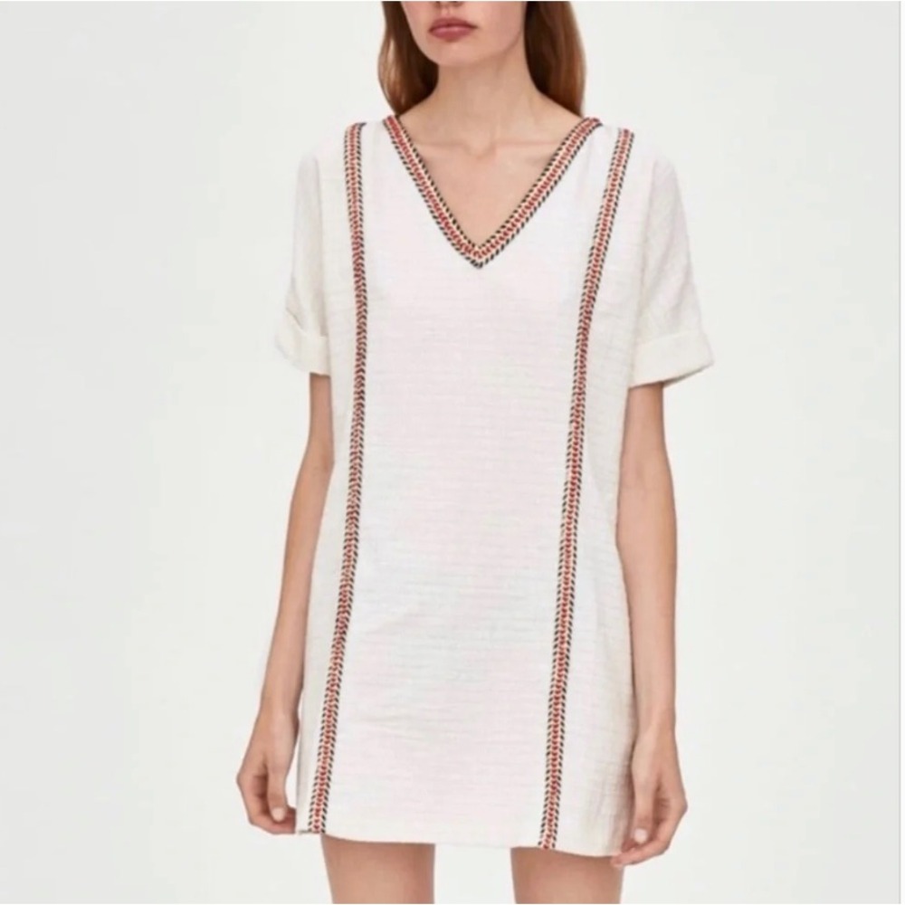 Zara TRF Embroidered Shift Dress Women Size S Cream Red Black Tunic Boho